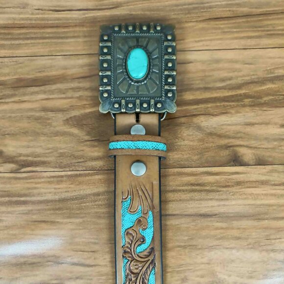 Turquoise Tooled Leather Western Belt: Floral Scrollwork, Antique Brass Buckle - Picture 5 of 12